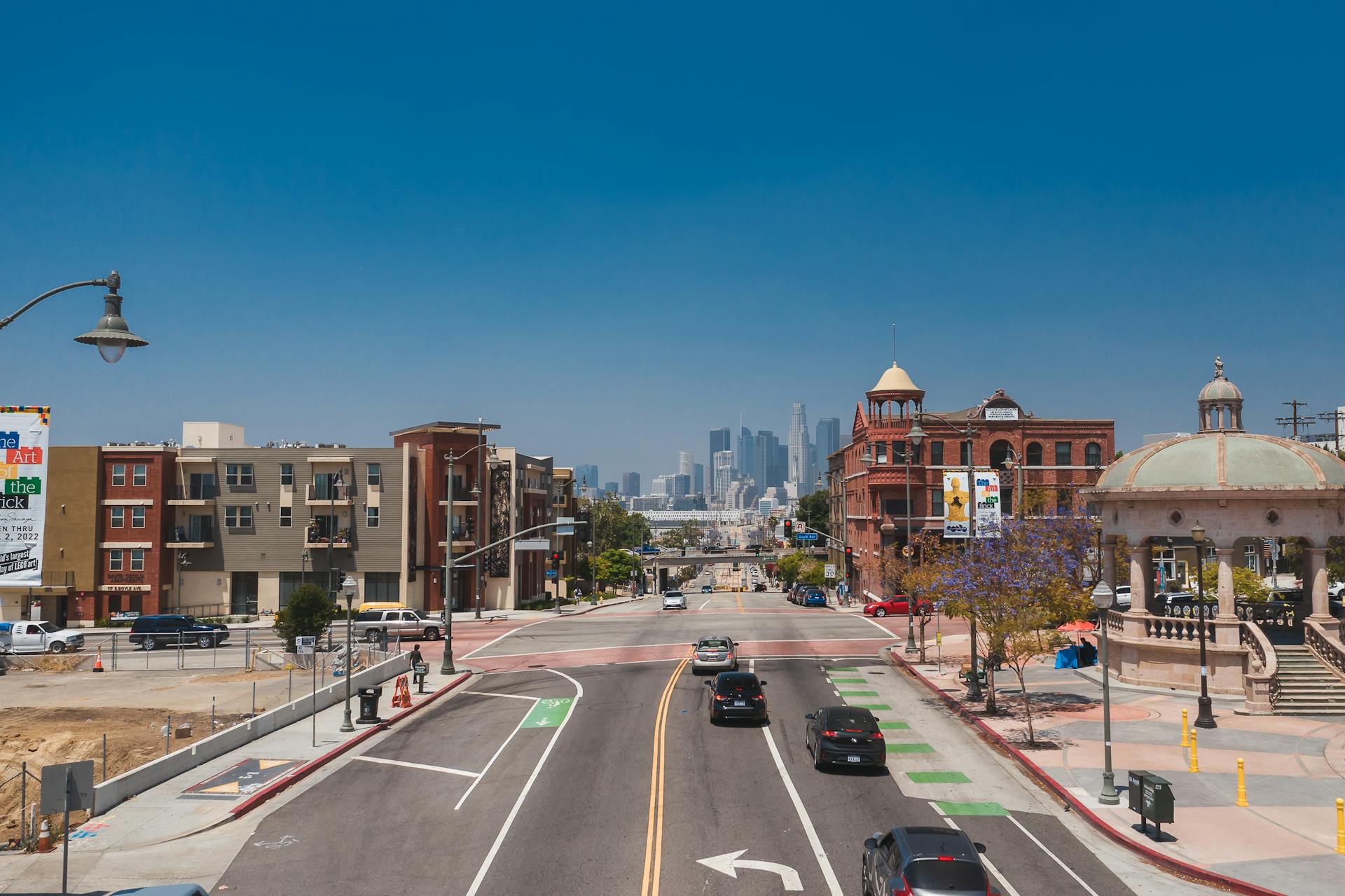 Motor vehicles on road in Downtown Los Angeles